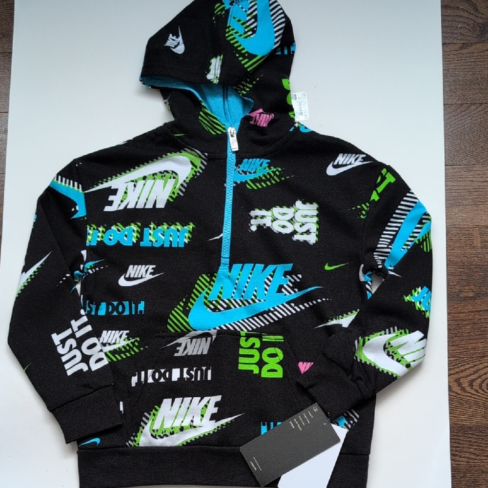 Kids New With Tags Nike Black Hoodie with Blue and Green Graphics
